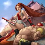  1girl battle breasts fatal_fury geese_howard gloves large_breasts long_hair lowres non-web_source pelvic_curtain revealing_clothes shiranui_mai snk the_king_of_fighters 