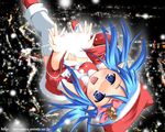  bell blue_eyes blue_hair christmas christmas_elf elf kanna_hisashi original pointy_ears santa_costume solo thighhighs 
