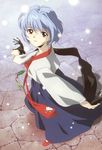  alternate_costume ayanami_rei bangs black_scarf blue_hair brown_eyes casual from_side full_body hair_between_eyes hanbok highres holding korean_clothes light_blue_hair long_sleeves looking_at_viewer looking_to_the_side looking_up neon_genesis_evangelion nerv outdoors outstretched_arms parted_lips pavement print_ribbon red_eyes red_footwear ribbon scan scarf scarf_removed shadow short_hair smile snowing solo standing takamura_kazuhiro tassel traditional_clothes 