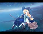  :d bare_shoulders belt black_cat blonde_hair blue_eyes boots broom broom_riding cat dress fantasy from_above hat landscape lens_flare letterboxed long_hair low-tied_long_hair ocean open_mouth original sidesaddle sky smile solo sunrise wallpaper witch witch_hat yukitarou_(awamori) 