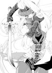  blue_mage elf elvaan final_fantasy final_fantasy_xi gloves greyscale monochrome pinky_out pointy_ears solo sword thigh_gap toroshio weapon 