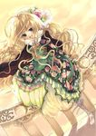  :d arch blonde_hair blue_eyes blush building dress dutch_angle fantasy floral_print green_dress long_sleeves looking_at_viewer open_mouth original pillar sakurai_unan smile solo standing 