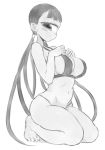  1girl bangs bare_arms bare_legs bare_shoulders barefoot bikini blush breasts closed_mouth cyclops from_side greyscale gulp5959 kneeling large_breasts long_hair looking_at_viewer low_twintails monochrome navel one-eyed original simple_background solo swimsuit toned twintails very_long_hair white_background 