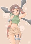  bare_shoulders bonoramo brown_hair final_fantasy final_fantasy_vii fishnets headband midriff ninja ninja_(final_fantasy) open_fly short_hair shorts shuriken sleeveless sleeveless_turtleneck solo turtleneck unzipped yuffie_kisaragi 