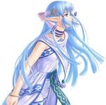  blue_eyes blue_hair bracelet dress elf hair_ornament highres jewelry official_art olha_(ys) pointy_ears ribbon solo taue_shunsuke white_background ys ys_vi_ark_of_napishtim 