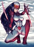  1girl angry armor black_eyes black_hair bodysuit boots breasts covered_nipples dual_wielding fighting_stance fishnets frown fumio_(rsqkr) helmet hibana holding knee_boots kunoichi_(game) large_breasts long_hair looking_at_viewer ninja ripples sidelocks sketch solo spikes spread_legs squatting sword tiptoes very_long_hair water weapon white_bodysuit wide_hips 