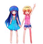  bangs barefoot blonde_hair blue_eyes blue_hair bow furude_rika hairband higurashi_no_naku_koro_ni holding_hands houjou_satoko long_hair multiple_girls red_eyes short_hair tsuchiya_akira 