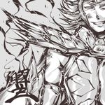  :d armlet armor cancer_manigoldo greyscale grin hairu kanji looking_at_viewer lowres male_focus monochrome muscle open_mouth saint_seiya shoulder_pads simple_background smile solo teeth white_background 