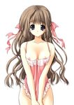  blue_eyes blush breasts dress_pull highres large_breasts pajamas solo 