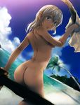  artist_request ass back beach blue_eyes breasts cloud copyright_request dark_skin day elf fence looking_back medium_breasts nude ocean outdoors palm_tree pointy_ears short_hair sky smile solo towel tree water wet 
