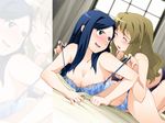  bed blue_hair blush bra breasts brown_hair cleavage closed_eyes fujino_shizuru green_eyes kuga_natsuki large_breasts lingerie long_hair lying multiple_girls my-hime open_mouth panties saipaco sweat underwear underwear_only undressing wallpaper yuri zoom_layer 