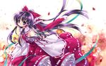  bare_shoulders black_hair blush bow capura_lin detached_sleeves dress hair_bow hakurei_reimu long_dress long_hair long_sleeves looking_at_viewer petals purple_eyes red_bow red_dress ribbon-trimmed_sleeves ribbon_trim sidelocks smile solo touhou 