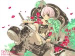  ahoge boots chameleon flower gagraphic haku_(sabosoda) katana pink_eyes pink_hair pinky_out plant red_flower red_rose rose sheath solo sword unsheathing venus_flytrap wallpaper weapon 