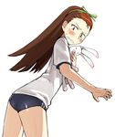  blush brown_hair buruma grimace gym_uniform holding holding_stuffed_animal idolmaster idolmaster_(classic) idolmaster_1 long_hair looking_back minase_iori solo stuffed_animal stuffed_bunny stuffed_toy sweatdrop yu_65026 