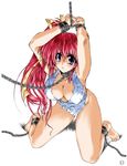  artist_request barefoot bdsm bondage bound bow breasts chain cleavage collar comic_party kneeling large_breasts long_hair ponytail purple_eyes red_hair solo takase_mizuki yellow_bow 