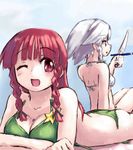  bikini homura_subaru hong_meiling izayoi_sakuya knife lowres multiple_girls one_eye_closed red_hair swimsuit touhou white_hair 