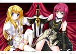  blonde_hair blue_eyes blush elbow_gloves fingerless_gloves gloves highres kannatsuki_noboru long_hair maou_to_odore! multiple_girls panties pantyshot philia_theoricus pink_hair pink_panties scan short_hair sitting sword thighhighs underwear very_long_hair weapon white_legwear white_panties wicca_amurita yellow_eyes zettai_ryouiki 