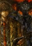  black_shirt brown_eyes brown_hair closed_mouth collared_shirt death_note dress_shirt jacket looking_at_viewer male_focus monster multiple_boys necktie oekaki open_clothes open_jacket red_neckwear ryuk shirt smile upper_body yagami_light 