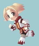  :d blonde_hair blue_background brown_eyes final_fantasy final_fantasy_xi from_side gloves knee_pads long_sleeves looking_at_viewer looking_to_the_side open_mouth pointy_ears robe running short_hair simple_background smile solo tarutaru white_gloves white_mage 