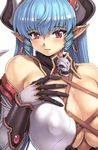  blue_hair breasts cleavage comic_unreal covered_nipples demon_girl horns huge_breasts mogudan pointy_ears puffy_nipples red_eyes solo 