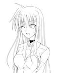  ;d bangs breasts buttons choker cleavage eyebrows_visible_through_hair fate_testarossa greyscale kirisaki_byakko long_hair long_sleeves looking_at_viewer lyrical_nanoha mahou_shoujo_lyrical_nanoha_strikers medium_breasts monochrome one_eye_closed open_mouth sidelocks simple_background smile solo very_long_hair white_background 