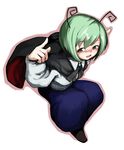  antennae cape fang from_above green_eyes green_hair index_finger_raised laboto open_mouth outline shiny shiny_hair short_hair smile solo touhou wriggle_nightbug 