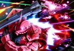  absurdres bazooka beams explosion glowing glowing_eye gundam highres joined_pages mecha mobile_suit_gundam no_humans official_art red_eyes salamis_class space space_craft third-party_edit weapon zaku_ii_s_char_custom 