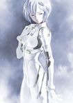  arm_at_side artist_request ayanami_rei bangs blue_background blue_hair bodysuit bracer breasts closed_mouth cowboy_shot from_side frown gloves half-closed_eyes hand_on_own_chest headgear looking_down lowres neon_genesis_evangelion number pale_skin parted_bangs pilot_suit plugsuit raised_eyebrows red_eyes sad short_hair simple_background skinny small_breasts solo standing turtleneck white_bodysuit 