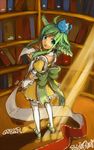  1girl aqua_eyes bad_id bad_pixiv_id book bow cat dress green_hair karu_(trickster) looking_back maid mint_(trickster) open_mouth solo thighhighs trickster 