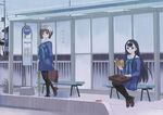  black_legwear bus_stop kazuto_izumi multiple_girls original pantyhose rain school_uniform serafuku 