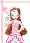  ;d armpits bare_shoulders blush bow brown_eyes brown_hair collarbone dress hair_bow hairband hand_on_hip heart idolmaster idolmaster_(classic) idolmaster_1 long_hair looking_at_viewer minase_iori one_eye_closed open_mouth pink_bow pink_dress shinjou_ryou sleeveless sleeveless_dress smile solo very_long_hair 