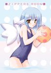  animal_ears ball beachball blue_hair blush moekibara_fumitake one-piece_swimsuit orange_eyes purism_egoist school_swimsuit short_hair solo swimsuit wading water wings yumina 