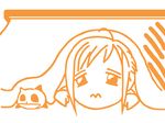  aria artist_request athena_glory closed_mouth creature food frown kotatsu lying monochrome on_stomach orange_(color) peeking president_maa short_hair sidelocks solo table 