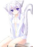  animal_ears blue_eyes blush brown_legwear cat_ears cat_tail collared_shirt dress_shirt kneehighs long_sleeves looking_at_viewer no_bra open_clothes open_shirt original shirotsuki_kouta shirt short_hair silver_hair simple_background sitting solo tail wariza white_background 