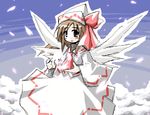  :o brown_hair cowboy_shot dress fairy fairy_wings lily_white long_sleeves looking_at_viewer parted_lips short_hair solo touhou white_dress white_wings wide_sleeves wings 