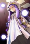  bangs blunt_bangs face hair_ribbon hat heebee light_particles long_hair patchouli_knowledge purple_eyes purple_hair ribbon robe solo standing striped touhou 