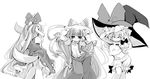  bloomers caramelldansen ex-keine fujiwara_no_mokou greyscale hat kamishirasawa_keine kirisame_marisa monochrome multiple_girls tail touhou underwear usoneko witch_hat 