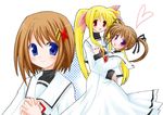  blonde_hair fate_testarossa hug lowres lyrical_nanoha mahou_shoujo_lyrical_nanoha mahou_shoujo_lyrical_nanoha_a's multiple_girls non-web_source school_uniform seishou_elementary_school_uniform takamachi_nanoha yagami_hayate 