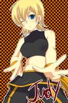  blonde_hair blue_eyes character_name earrings futaba_841 jewelry judy_(pop'n_music) one_eye_closed perspective pop'n_music short_hair solo wristband 