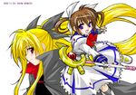  2girls blonde_hair blush bow cape dated fate_testarossa fingerless_gloves gloves hair_ribbon long_hair looking_at_viewer lyrical_nanoha magazine_(weapon) magical_girl mahou_shoujo_lyrical_nanoha mahou_shoujo_lyrical_nanoha_a's minazoi_kuina multiple_girls profile purple_eyes raising_heart red_bow red_eyes red_hair ribbon simple_background smile standing standing_on_one_leg takamachi_nanoha twintails uniform very_long_hair 