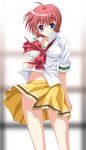  ahoge blue_eyes bow eyebrows_visible_through_hair hibikino_high_school_uniform hinomoto_hikari midriff mole mole_under_eye pink_hair school_uniform shiruko short_hair skirt solo tokimeki_memorial tokimeki_memorial_2 wind wind_lift yellow_skirt 