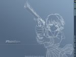  aiming artist_request automag blue_background cowboy_shot ein_(phantom) gun handgun holding holding_weapon long_sleeves monochrome negative phantom_of_inferno pistol pleated_skirt simple_background skirt solo upper_body wallpaper weapon 