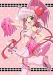  amulet_heart blush boots cheerleader flat_chest guardian_chara hair_ornament heart hinamori_amu hirosue_maron loose_socks magical_girl multiple_girls navel one_eye_closed panties pink_footwear pink_hair pom_poms ran_(shugo_chara!) shugo_chara! skirt socks underwear 