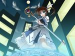  artist_request black_gloves bow cityscape cloud fighting_stance fingerless_gloves from_below full_body full_moon gloves holding holding_weapon long_skirt lyrical_nanoha magazine_(weapon) magic_circle magical_girl mahou_shoujo_lyrical_nanoha mahou_shoujo_lyrical_nanoha_a's moon open_mouth polearm purple_eyes raising_heart red_bow red_hair rod skirt solo sphere staff standing takamachi_nanoha twintails wallpaper weapon 