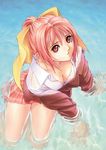  bow bra breasts cleavage downblouse hair_bow large_breasts lingerie partner pink_eyes pink_hair ponytail sangami_erika scan school_uniform short_hair solo tanaka_takayuki underwear water 