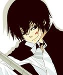  1boy 666 black_eyes black_hair hibari_kyouya hibari_kyoya katekyo_hitman_reborn katekyo_hitman_reborn! male male_focus school_uniform serafuku simple_background solo student tonfa uniform weapon white_background 