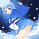  arched_back bent_over blue_eyes blue_hair blush bob_cut japanese_clothes kimono kurasuke looking_at_viewer moon open_mouth original pinching_sleeves short_hair short_kimono sleeves_past_wrists smile snow solo 