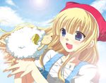  animal blonde_hair blue_eyes clara_(pop'n_music) cloud day futaba_841 pop'n_music sheep smile solo sun 