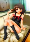  :p antenna_hair bow breasts brown_eyes brown_hair chocolate couch covered_nipples feet jpeg_artifacts kneehighs large_breasts naughty_face one-piece_swimsuit original sitting socks solo soshina_nohito swimsuit tongue tongue_out 