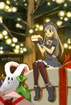  1girl animal_ears bad_id bad_pixiv_id bell brown_legwear cake cat_ears christmas christmas_tree food gift holding holding_gift original pantyhose pastry solo 